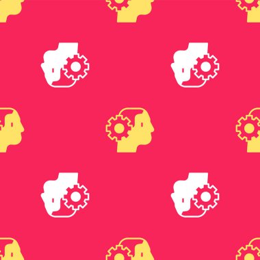 Sarı İnsanımsı robot simgesi kırmızı arkaplanda izole edilmiş. Yapay zeka, makine öğrenme, bulut hesaplama. Vektör