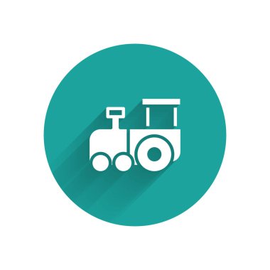 Uzun gölgeli beyaz oyuncak tren ikonu. Yeşil daire düğmesi. Vektör