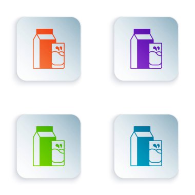 Kefir için renkli kağıt paketi ve beyaz arkaplanda izole edilmiş cam simgesi. Sağlıklı yaşam tarzı ve probiyotik tatmini için diyet yapmak. Kare düğmelere renkli simgeleri yerleştir. Vektör