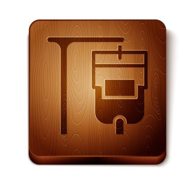 Kahverengi serum torbası simgesi beyaz arkaplanda izole edilmiş. Kan torbası. Kan bağışı konsepti. Tedavi ve terapi kavramı, kemoterapi. Tahta kare düğme. Vektör