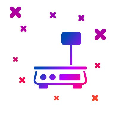 Renkli Elektronik ölçek simgesi beyaz arkaplanda izole edildi. Yemek için kilo. Markette ya da süpermarkette tartılma işlemi. Kademeli rastgele dinamik şekiller. Vektör