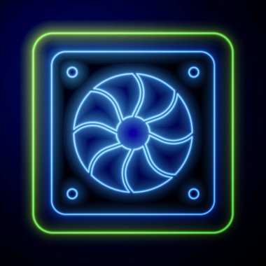 Parlayan neon bilgisayar soğutucu simgesi mavi arkaplanda izole edildi. Bilgisayar donanım pervanesi. Vektör