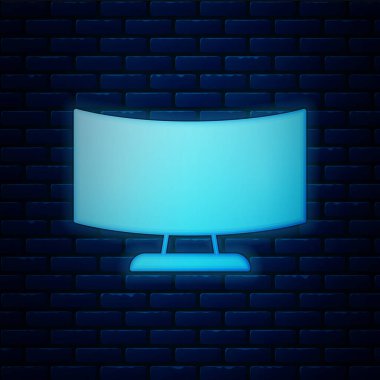 Parlayan neon bilgisayar ekran simgesi tuğla duvar arka planında izole edildi. Elektronik cihaz. Ön manzara. Vektör