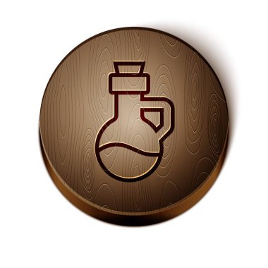 Kahverengi çizgi esaslı yağ şişesi simgesi beyaz arkaplanda izole edilmiş. Organik aromaterapi özü. Cilt bakımı serumu cam bırakma paketi. Tahta daire düğmesi. Vektör