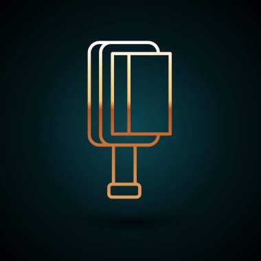 Koyu mavi arka planda izole edilmiş köpek ve kedi ikonu için altın çizgi saç fırçası. Hayvan kürkü için fırça. Hayvan aksesuarı. Vektör