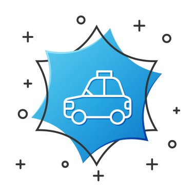 Beyaz çizgili evcil hayvan arabası taksi ikonu beyaz arka planda izole edildi. Mavi altıgen düğmesi. Vektör