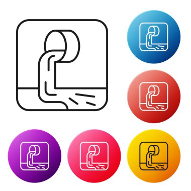 Siyah çizgi Atık Su simgesi beyaz arkaplanda izole edildi. Kanalizasyon borusu. Borudan nehre sıvı akıyor. Renkli daire düğmelerini ayarlayın. Vektör