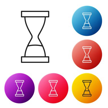 Siyah çizgi Beyaz zemin üzerinde kum ikonu akan eski kum saati. Kum saati işareti. İş ve zaman yönetimi kavramı. Renkli daire düğmelerini ayarlayın. Vektör