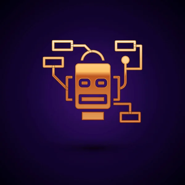 Icono de Robot dorado aislado sobre fondo negro. Inteligencia artificial, aprendizaje automático, computación en nube. Vector — Archivo Imágenes Vectoriales