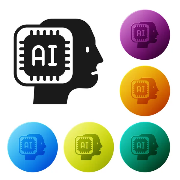 Icono de robot humanoide negro aislado sobre fondo blanco. Inteligencia artificial, aprendizaje automático, computación en nube. Establecer iconos en botones de círculo de color. Vector — Archivo Imágenes Vectoriales