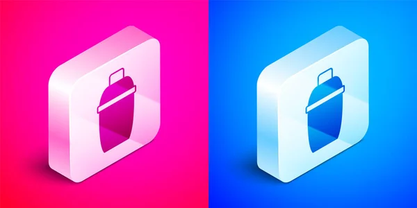 Isometric Cocktail shaker icon isolated on pink and blue background. Silver square button. Vector — Stock Vector