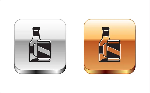 Zwart bierflesje en bierblikje pictogram geïsoleerd op witte achtergrond. Zilveren en gouden vierkante knopen. Vector — Stockvector