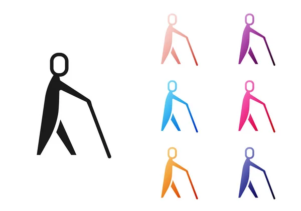 Icona del bastone umano cieco nero isolato su sfondo bianco. Disabili umani con cecità. Set icone colorate. Vettore — Vettoriale Stock