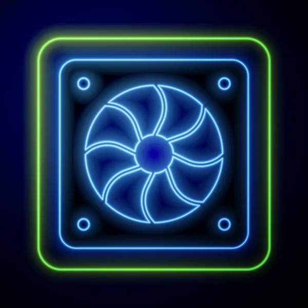 Glödande neon dator cooler ikon isolerad på blå bakgrund. PC hårdvara fläkt. Vektor — Stock vektor