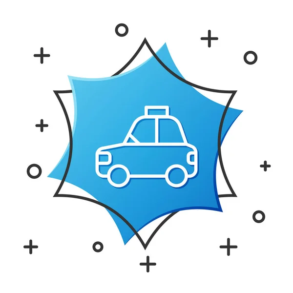 Witte lijn Huisdier auto taxi pictogram geïsoleerd op witte achtergrond. Blauwe zeshoek knop. Vector — Stockvector