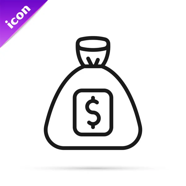 Línea negra Icono de bolsa de dinero aislado sobre fondo blanco. Dólar o símbolo USD. Signo de moneda bancaria en efectivo. Vector — Vector de stock