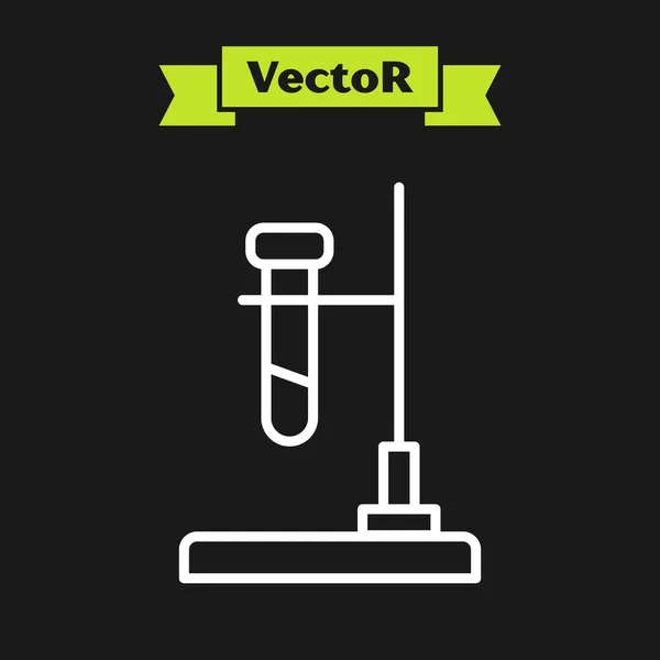 Weiße Linie Glas Reagenzglas Kolben auf Feuer Heizung Experiment Symbol isoliert auf schwarzem Hintergrund. Laborgeräte. Vektor — Stockvektor