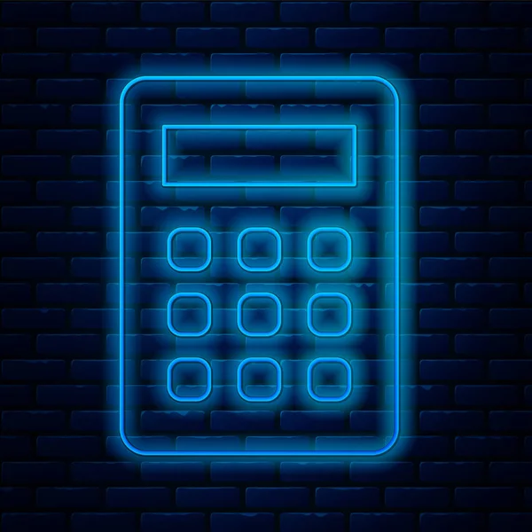 Parlayan neon hattı hesap makinesi simgesi tuğla duvar arka planında izole edildi. Muhasebe sembolü. İş hesaplamaları matematik eğitimi ve finans. Vektör — Stok Vektör