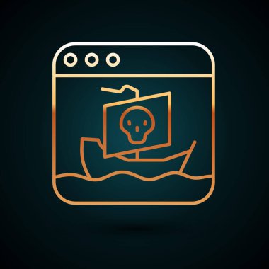 Altın çizgili internet korsanlığı ikonu koyu mavi arka planda izole edilmiş. Çevrimiçi korsanlık. Dosya indirmeli ve film paylaşmalı siber uzay suçları. Vektör