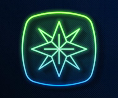 Parlayan neon çizgisi. Rüzgâr ikonu mavi arkaplanda izole edilmiş. Seyahat için pusula simgesi. Navigasyon tasarımı. Vektör