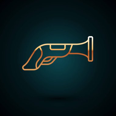 Altın çizgili Vintage tabanca ikonu koyu mavi arkaplanda izole edilmiş. Eski bir silah. Vektör