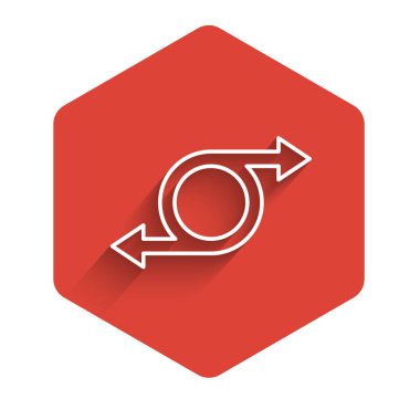 Beyaz çizgi ok simgesi uzun gölge arkaplanı ile izole edildi. Yön Arrowhead sembolü. Navigasyon işaretçisi işareti. Kırmızı altıgen düğmesi. Vektör