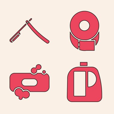 Temizlik malzemesi, jilet, tuvalet kağıdı rulosu ve sabun ikonu için şişe hazırla. Vektör