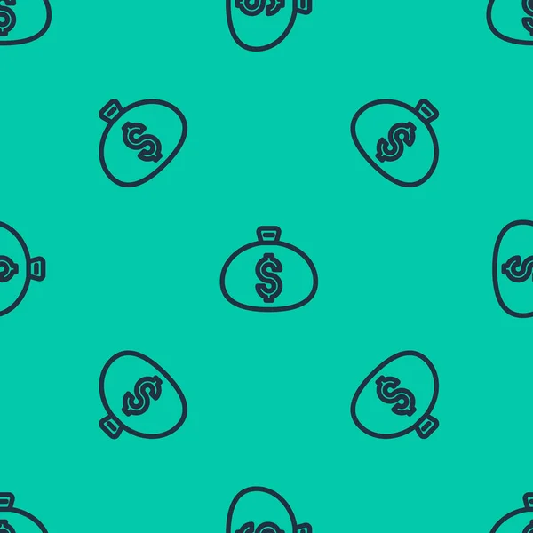 Linea blu Money bag icona isolato modello senza soluzione di continuità su sfondo verde. Dollaro o simbolo USD. Bancomat Banking segno di valuta. Vettore — Vettoriale Stock