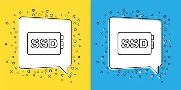 黄色と青の背景に隔離されたラインSSDカードアイコンを設定します。ソリッドステートドライブのサイン。ディスクシンボルを保存します。ベクトル — ストックベクタ