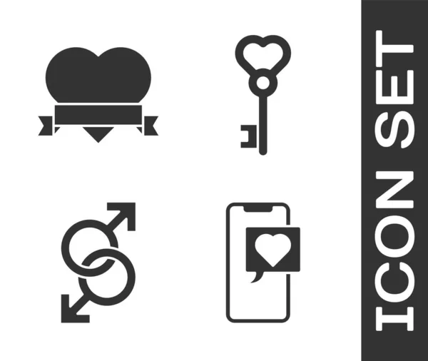 Set Smartphone mit Herz-Sprechblase, Herz und Schleife, männlichem Geschlechtssymbol und Schlüssel in Herzform-Symbol. Vektor — Stockvektor