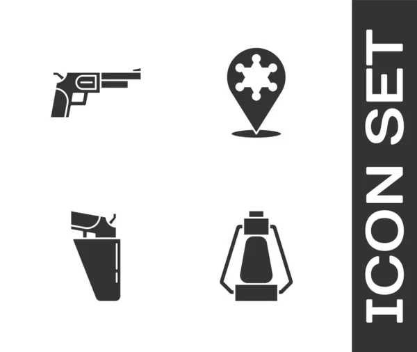 Set linterna de camping, revólver, funda y icono del sheriff hexagrama. Vector — Vector de stock