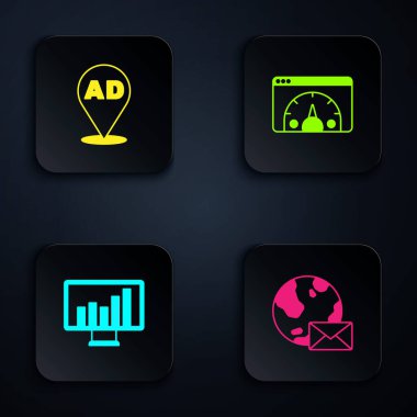 Posta, Reklam, Monitor grafik tablosu ve web sitesi istatistikleri ile Dünya küresi ayarlayın. Siyah kare düğme. Vektör