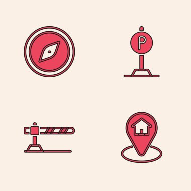 Konumu ev, pusula, park yeri ve araba bariyeri simgesi ile ayarlayın. Vektör