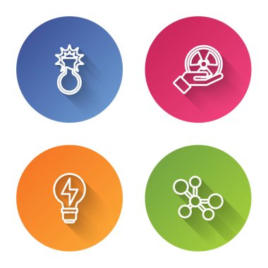 Test tüpü ve matara, radyoaktif, yıldırımlı ampul ve molekülü ayarla. Renkli daire düğmesi. Vektör