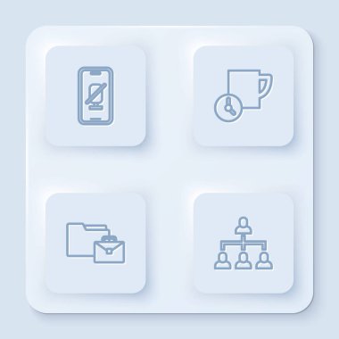 Mikrofonu cep telefonuna, Zaman yönetimine, çevrim içi çalışmaya ve hiyerarşi organogramına ayarla. Beyaz kare düğme. Vektör