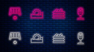 Sıralı dönme dolap, toplu bilardo, futbol golü ve çöp kovası. Tuğla duvarda parlayan neon simgesi. Vektör