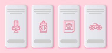 Hattı ayarla, mikrofon, samanlı soda kutusu, fotoğraf ve oyun alanı. Beyaz dikdörtgen düğme. Vektör