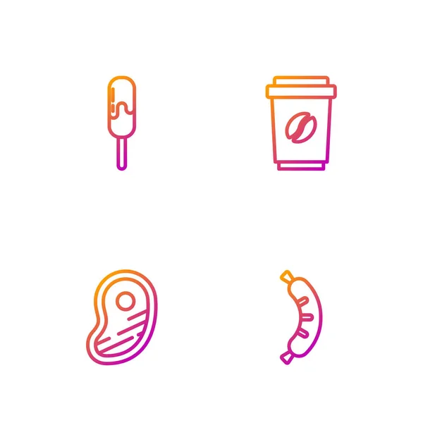 Set line Hotdog, carne de filete, helado y taza de café para llevar. Iconos de color degradado. Vector — Vector de stock