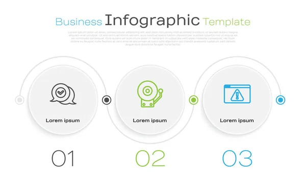 Definir linha Marque a marca na bolha de fala, campainha de alarme e navegador com exclamação. Modelo de infográfico de negócios. Vetor — Vetor de Stock