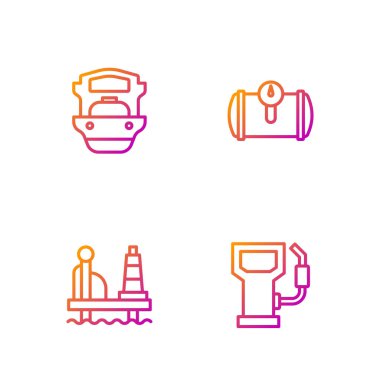 Petrol ya da benzin istasyonu, denizdeki petrol platformu, tanker gemisi ve gaz aracı ayarlayın. Renk simgeleri. Vektör