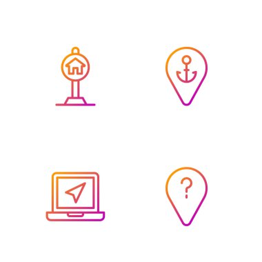 Hattı bilinmeyen güzergah noktası, konum işaretli dizüstü bilgisayar, trafik ve konum çapası için otel tabelası. Renk simgeleri. Vektör