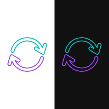 Çizgi Yenileme simgesi beyaz ve siyah arkaplanda izole edildi. Sembolü yeniden yükle. Döndürme okları daire işareti şeklinde. Renkli taslak konsepti. Vektör