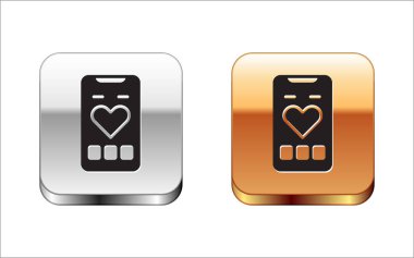 Kalp atış hızı monitörü olan siyah akıllı telefon beyaz arkaplanda izole edilmiş. Gümüş-altın kare düğme. Vektör