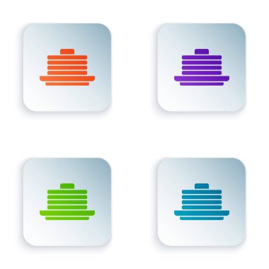 Beyaz arkaplanda izole edilmiş renkli krep yığını. Şerbetli ve kirazlı fırın. Kahvaltı konsepti. Kare düğmelere renkli simgeleri yerleştir. Vektör