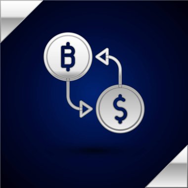 Koyu mavi arka planda gümüş kripto döviz simgesi izole edildi. Bitcoin 'den dolar takas simgesine. Kripto para teknolojisi, mobil bankacılık. Vektör