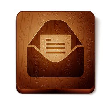 Kahverengi zarf, beyaz arka planda izole edilmiş noel partisi davetiye kartı ikonu. Mutlu Noeller ve mutlu yıllar. Tahta kare düğme. Vektör