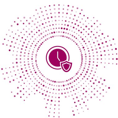 Beyaz zemin üzerinde kalkan simgesi olan mor saat. Güvenlik, güvenlik, koruma, gizlilik kavramı. Soyut çember rastgele noktalar. Vektör