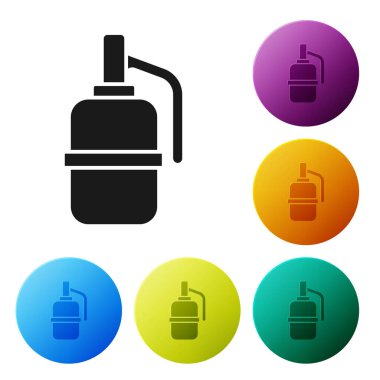 Siyah El bombası ikonu beyaz arka planda izole edildi. Bomba patlaması. Simgeleri renk daire düğmelerine ayarla. Vektör