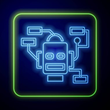 Parlayan neon robot simgesi mavi arkaplanda izole edildi. Yapay zeka, makine öğrenme, bulut hesaplama. Vektör