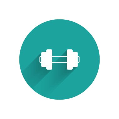 Beyaz Dumbbell simgesi uzun gölgelerle izole edilmiş. Kas kaldırma ikonu, fitness halteri, spor aletleri, egzersiz yaban domuzu. Yeşil daire düğmesi. Vektör